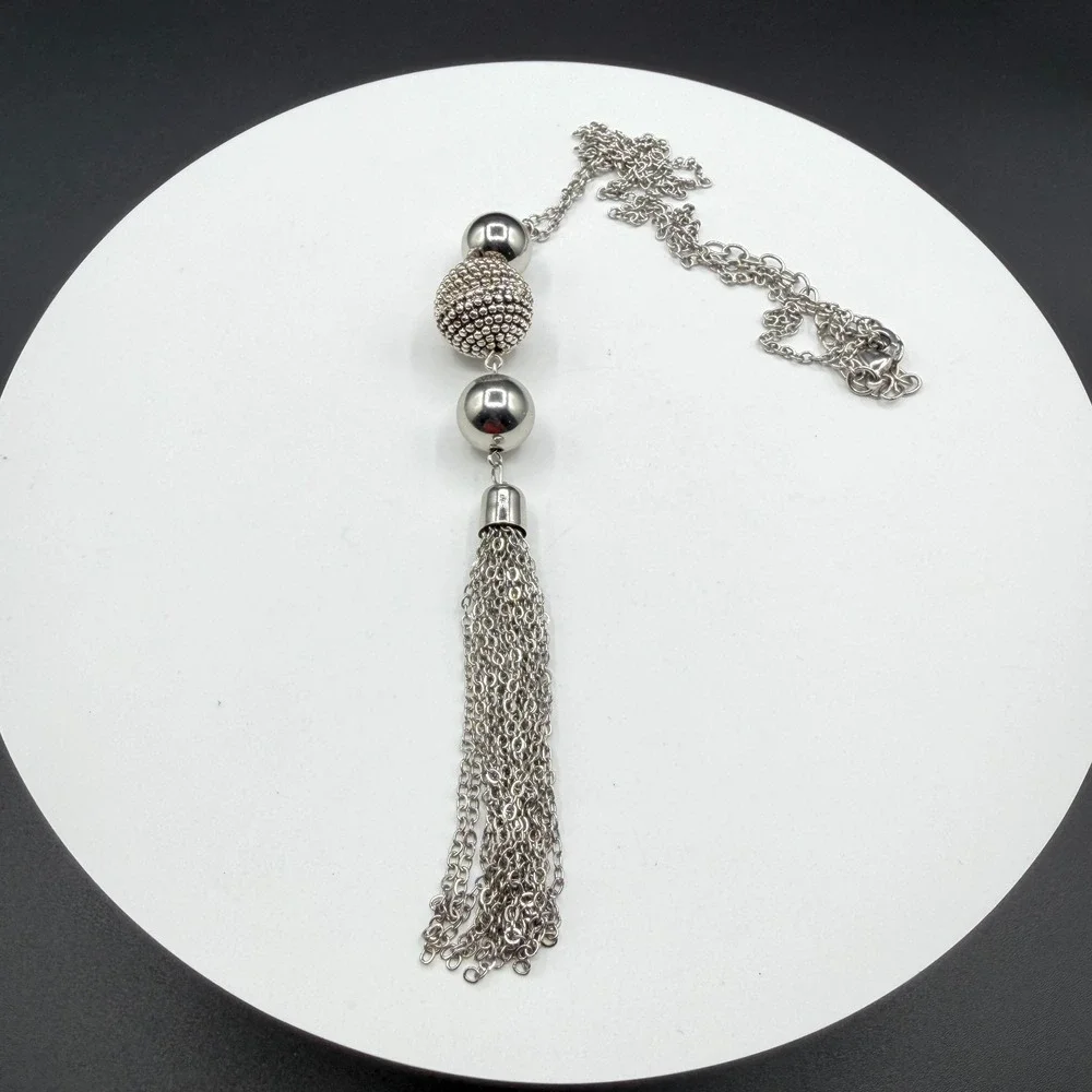 Silver Tone Textured Bead Chain Tassel Pendant Long Statement Necklace FashionSi